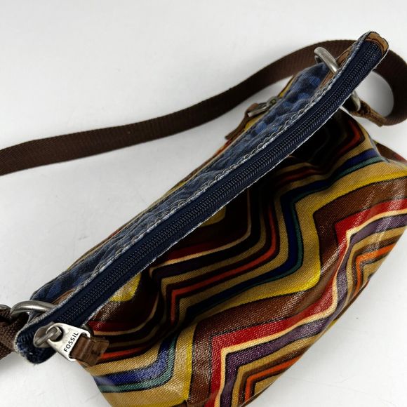 Fossil Key-Per Crossbody Bag Coated Canvas Aztec Chevron Print Blue Denim Trim‎ - Picture 8 of 16
